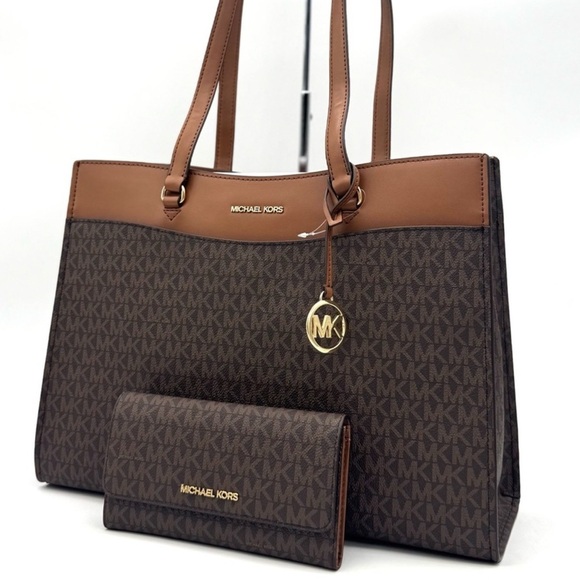 Michael Kors Jet Set Large Signature Logo Tote Bag & Trifold Wallet Matching Set - Picture 1 of 14